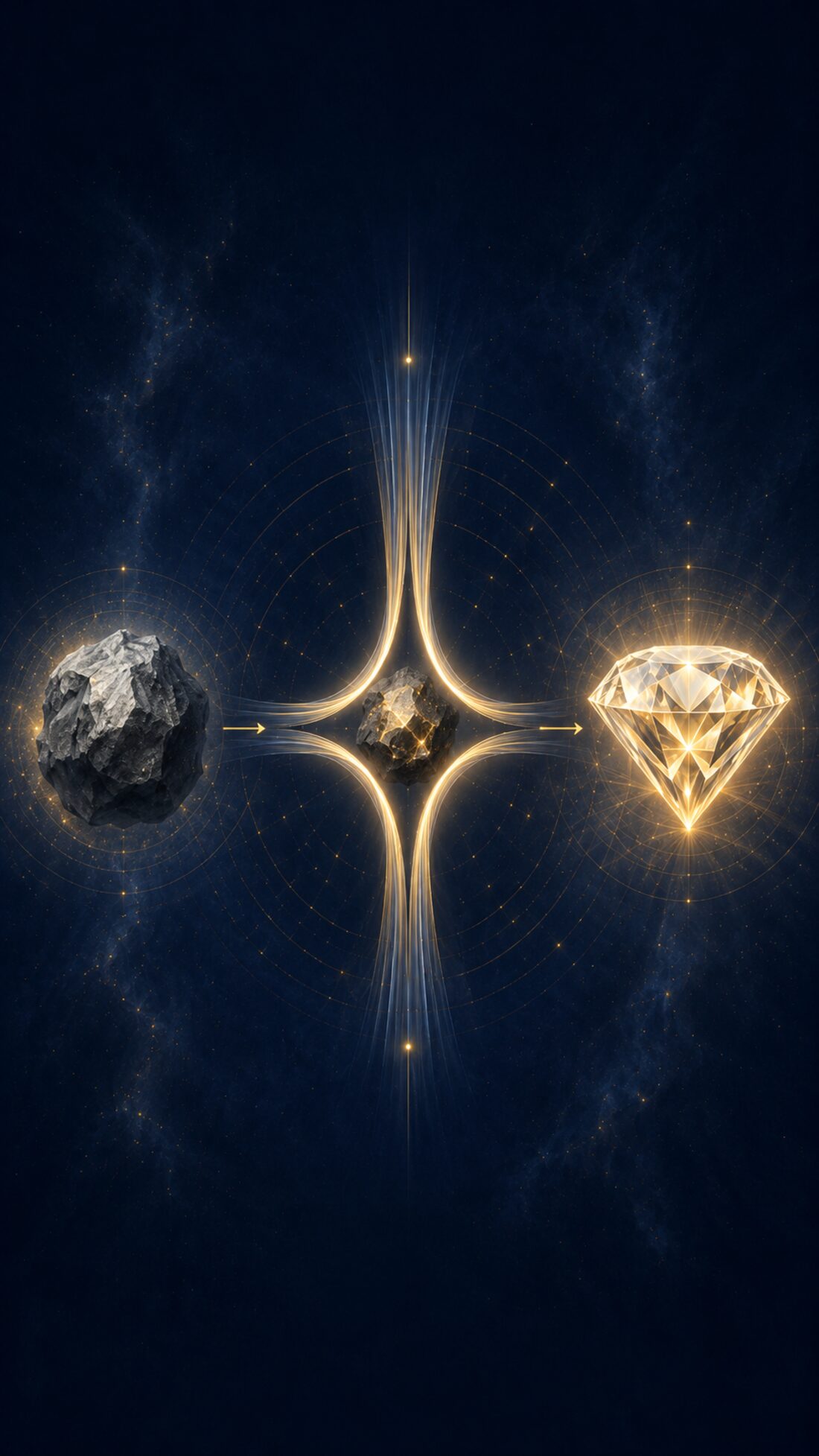 A rough stone passing through a field of pressure and emerging as a cut diamond