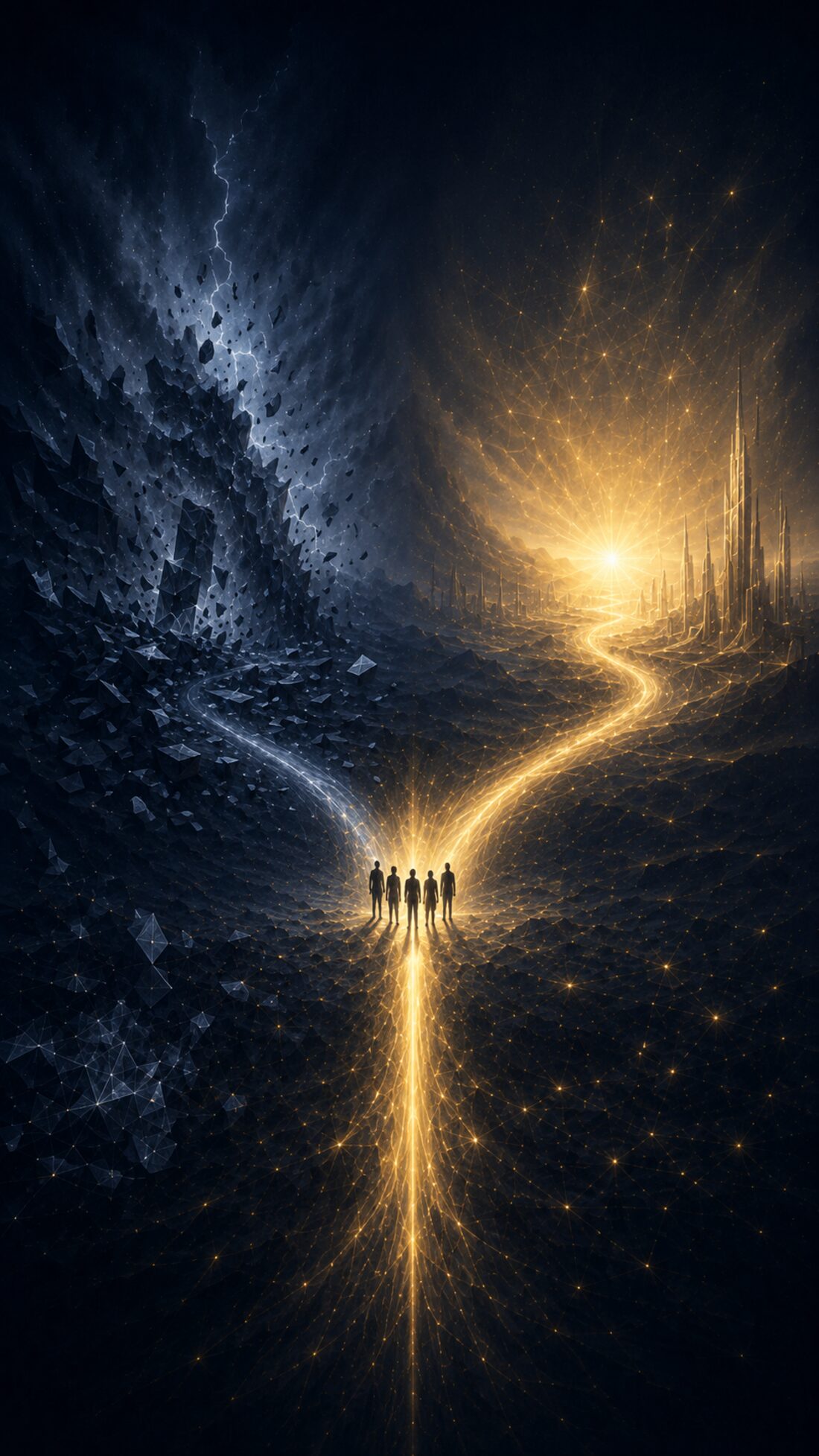 Figures standing at a fork where one path leads into fracture and the other toward a coherent city of light